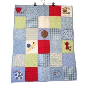 Carters Child of Mine Baby‎ Quilt Blanket Blue Sports Puppy Patchwork Cotton